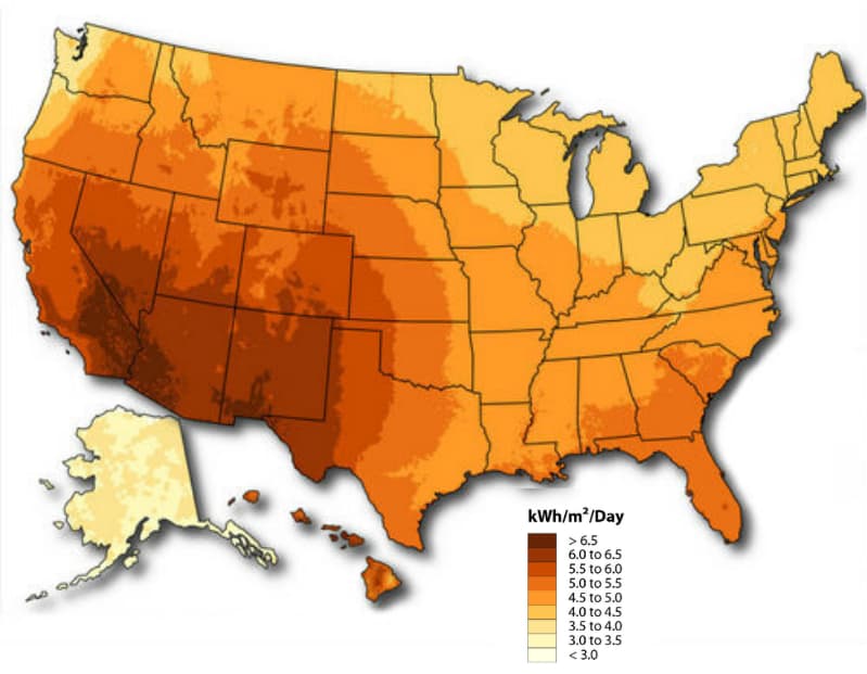 Solar availability in United States-map