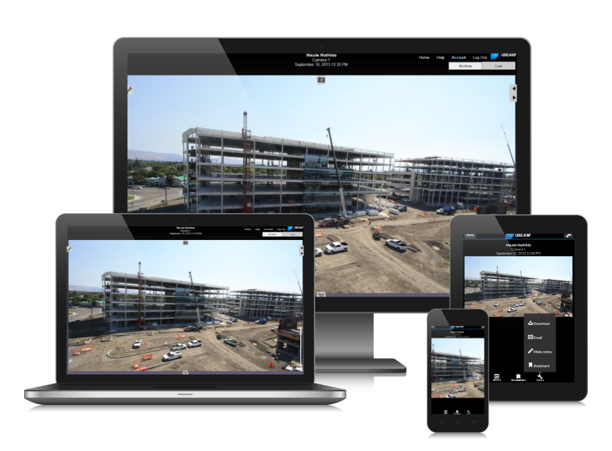 Construction camera photo archive displayed on multiple screens