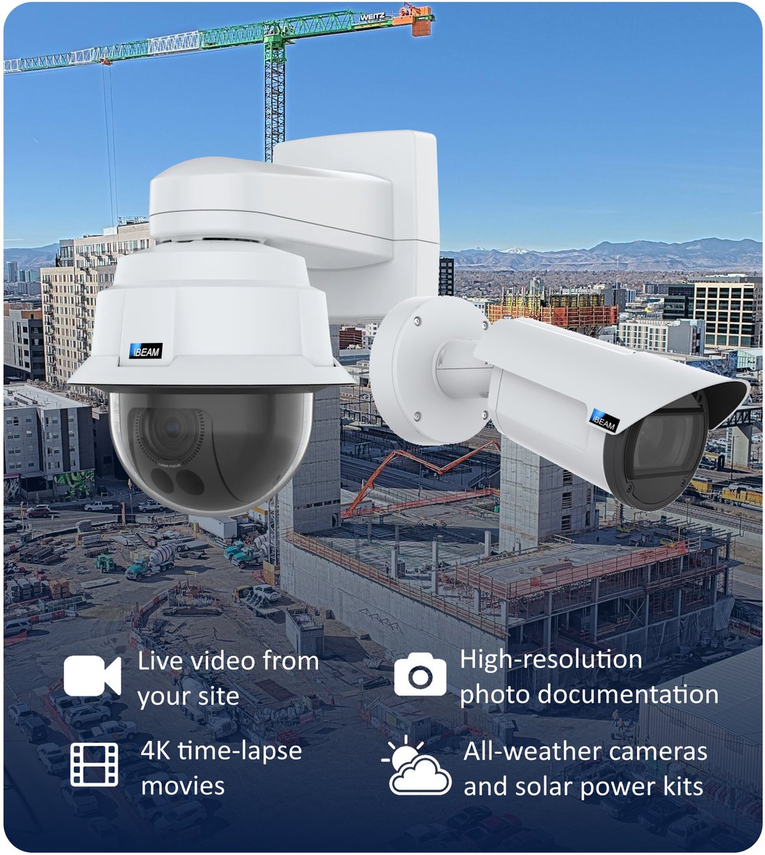 iBEAM PTZ and Fixed construction cameras overlooking a jobsite — live video, high-resolution photo documentation, 4K time-lapse videos, and all-weather solar-powered cameras