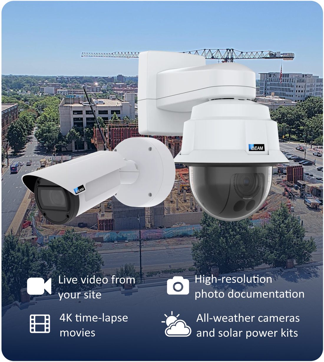 iBEAM PTZ and Fixed construction cameras overlooking a jobsite — live video, high-resolution photo documentation, 4K time-lapse videos, and all-weather solar-powered cameras